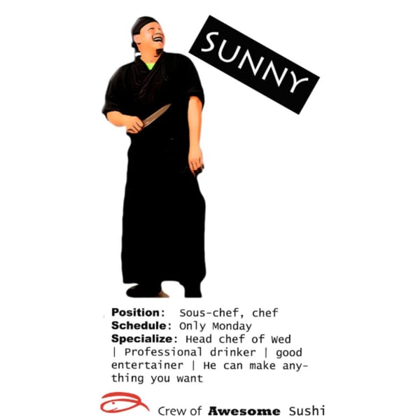 Cartoon of a laughing chef named Sunny from Awesome Sushi, holding a knife.
