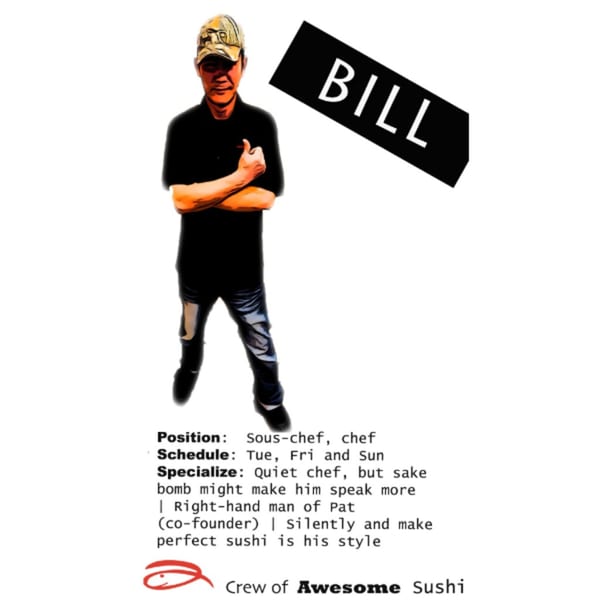 Awesome Sushi's chef Bill, a man in a camo hat and black shirt, stands with crossed arms.