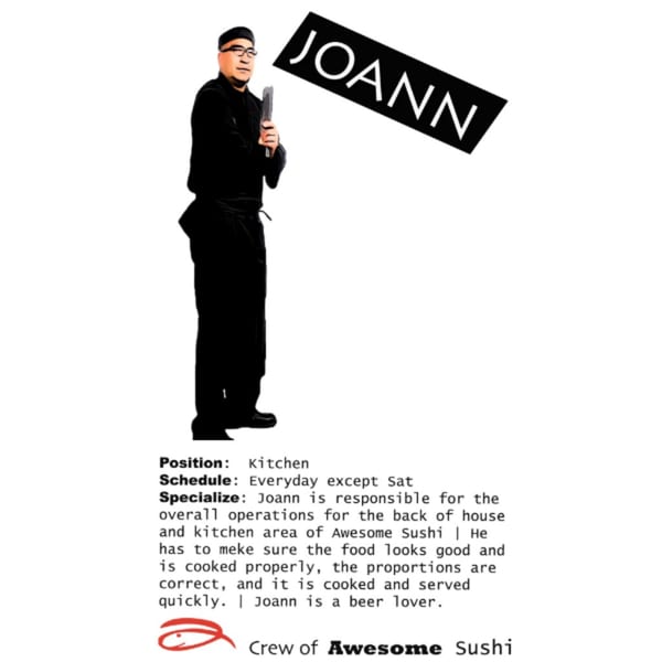 Awesome Sushi kitchen staff member Joann, wearing a black uniform and glasses, holding a knife.