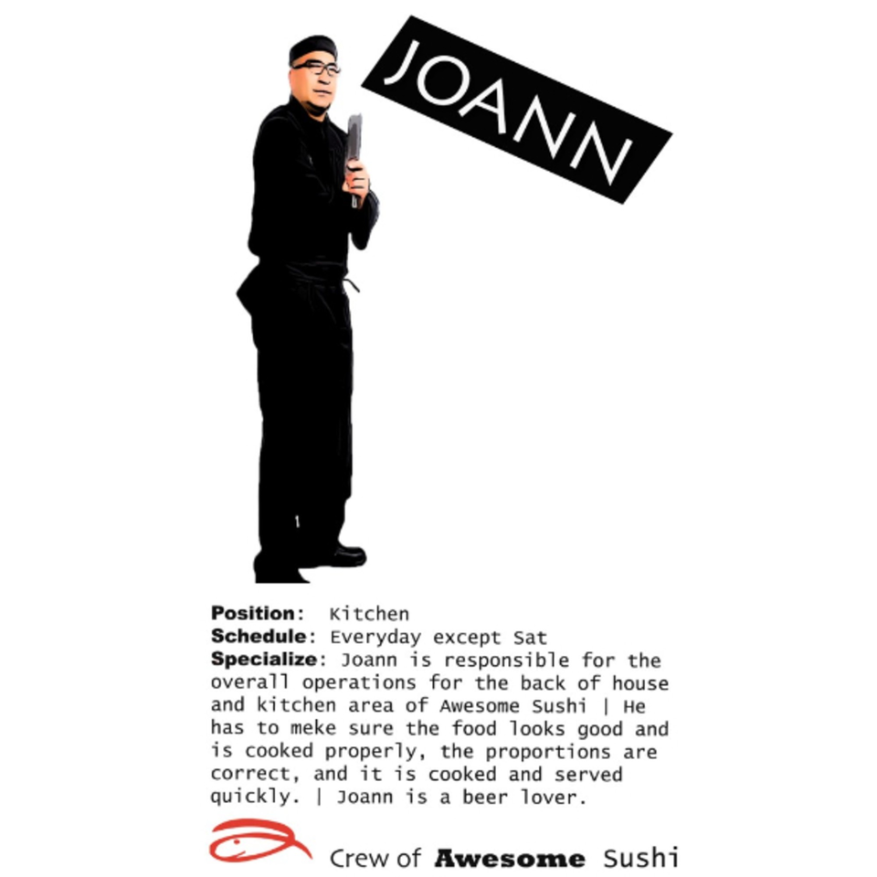 Awesome Sushi kitchen staff member Joann, wearing a black uniform and glasses, holding a knife.