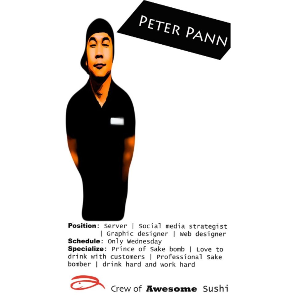 A graphic of Peter Pann, a crew member of Awesome Sushi, with his job description.