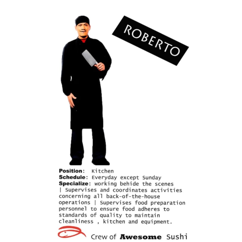 Roberto, a kitchen crew member at Awesome Sushi, holding a cleaver, with his job description.