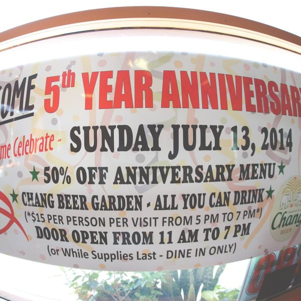 A banner advertises Awesome Sushi's 5th-year anniversary celebration with a 50% off menu.