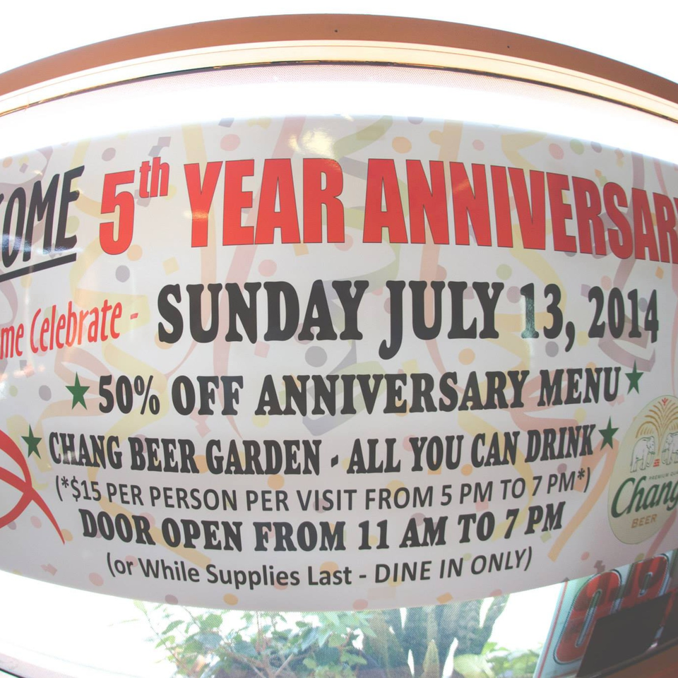 A banner advertises Awesome Sushi's 5th-year anniversary celebration with a 50% off menu.