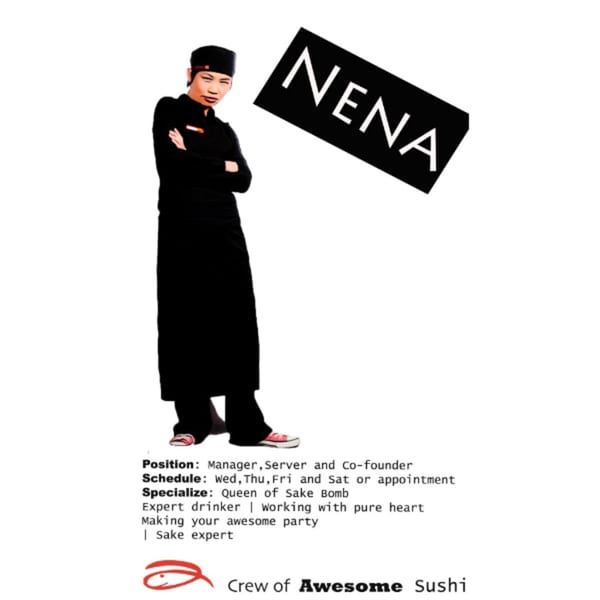 Nena, Awesome Sushi's manager and co-founder, stands with crossed arms, wearing a black uniform.