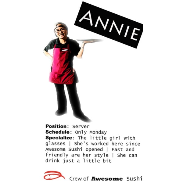 Annie, a server at Awesome Sushi, smiles while holding a serving tray.
