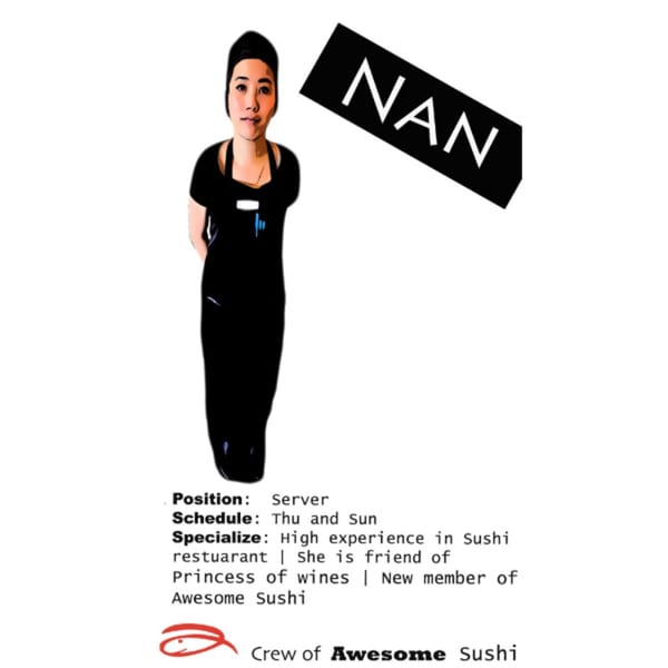 A server named Nan, dressed in black, with text detailing her position and experience at Awesome Sushi.