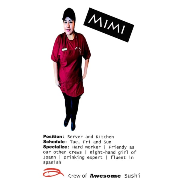 Mimi, an Awesome Sushi crew member, smiling in a red uniform and black cap.