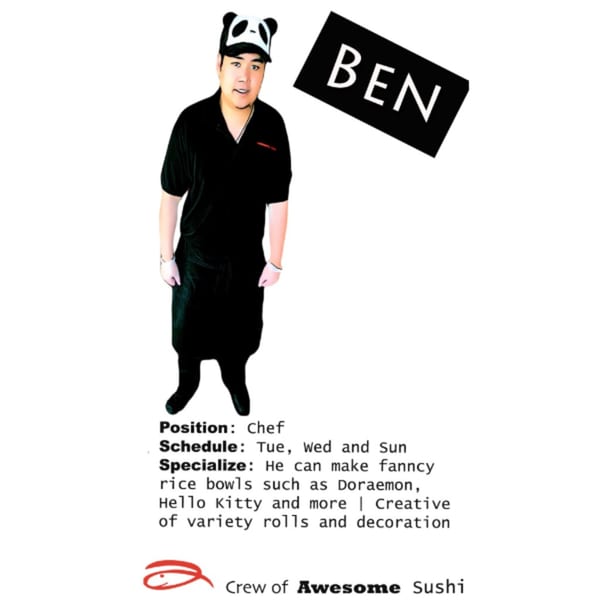 Chef Ben from Awesome Sushi, wearing a panda hat and black uniform, specializing in creative rice bowls.