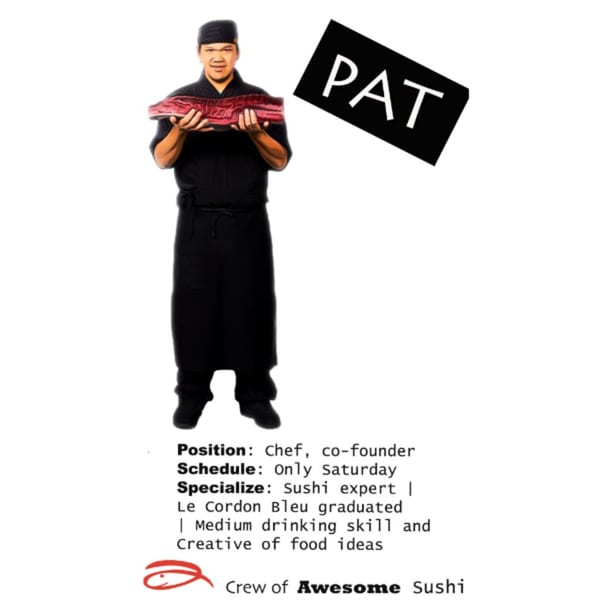Chef Pat in black uniform holding a large cut of fresh tuna, with text describing his role.