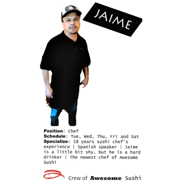 Awesome Sushi chef Jaime, a man in a black shirt and cap, smiles at the camera.