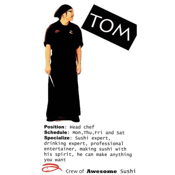 Cartoon of Awesome Sushi's Head Chef Tom in black uniform, holding a knife, with his bio.